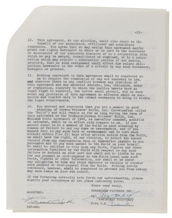 Lot #629 Raymond Chandler: Chandler?s Paramount contracts?where he wrote Double Indemnity and The Blue Dahlia - Image 3
