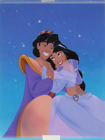 Lot #571 Aladdin and Jasmine cel painting with keymaster background from Aladdin Cel Painting with Keymaster Background - Image 1