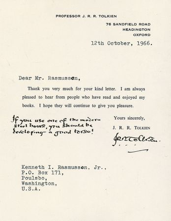 Lot #514 J. R. R. Tolkien: ?If you use one of the modern steel bows, you should be developing a good torso? - Image 1