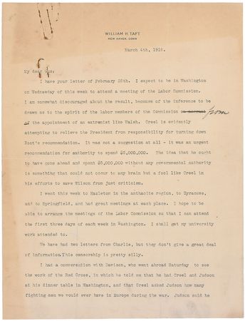 Lot #36 William H. Taft: “Wilson is so vain of his style that he does not see it. Oh what a lot of knowledge is coming to him” - Image 1