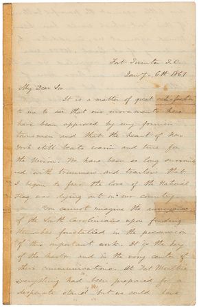 Lot #297 Abner Doubleday: “The Charlestonians are surrounding us with batteries on every point,” writes the Union general from Fort Sumter in January 1861: “If war must come let the people rise in their might and maintain the integrity of the Union” - Image 1