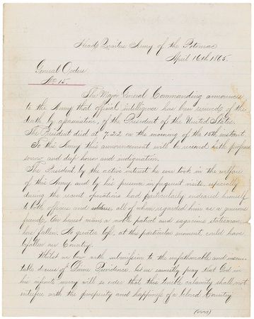 Lot #340 Union Army: Lincoln Assassination: ?Official intelligence has been received of the death, by assassination, of the President of the United States? - Image 1