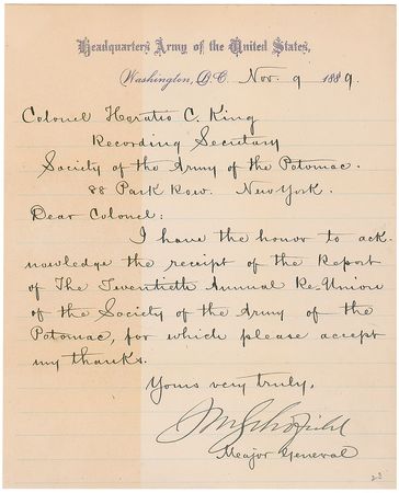 Lot #377 John M. Schofield Signed Letter and Signature - Image 1