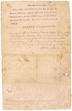 Lot #1 George Washington: Prominently signed 1783 discharge for a Revolutionary War veteran - Image 2