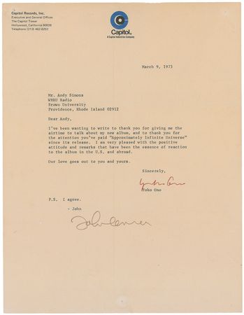 Lot #615 Beatles: John Lennon and Yoko Ono: Rare 1973 Capitol Records letter for “Approximately Infinite Universe” - Image 1