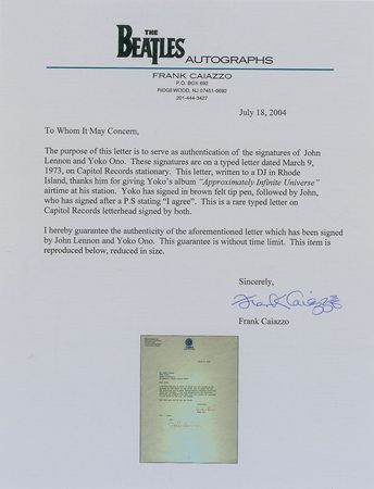 Lot #615 Beatles: John Lennon and Yoko Ono: Rare 1973 Capitol Records letter for “Approximately Infinite Universe” - Image 2