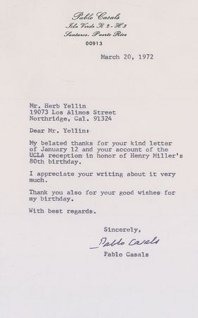 Lot #569 Pablo Casals Typed Letter Signed and Signed Musical Quote - Image 2