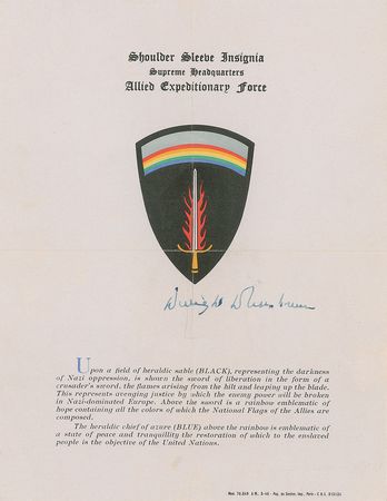 Lot #47 Dwight D. Eisenhower: Scarce 1945 presentation for the ?Shoulder Sleeve Insignia, Supreme Headquarters, Allied Expeditionary Force? - Image 1
