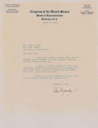 Lot #51 John F. Kennedy: “I am definitely opposed to the lifting of rent controls” - Image 1