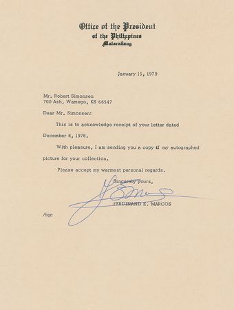 Lot #270 Ferdinand Marcos Signed Photograph and Typed Letter Signed - Image 1