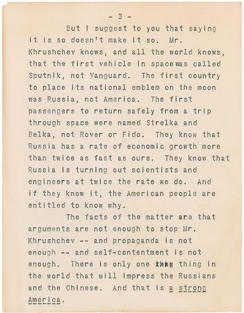 Lot #53 John F. Kennedy: “Whatever Mr. Khrushchev may try, whatever he may say, our answer is a stronger America” - Image 5