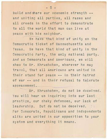Lot #53 John F. Kennedy: “Whatever Mr. Khrushchev may try, whatever he may say, our answer is a stronger America” - Image 7