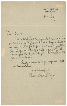 Lot #512 Rabindranath Tagore: “You are at liberty to make a selection for this purpose from the copy of ‘Fireflies’” - Image 2