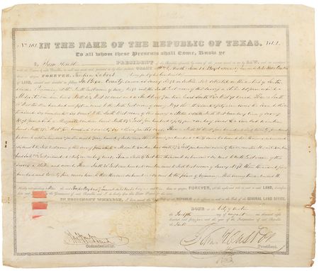 Lot #166 Sam Houston: Scarce 1844 Texas land grant issued by Houston and ?Peg Leg? Ward - Image 1