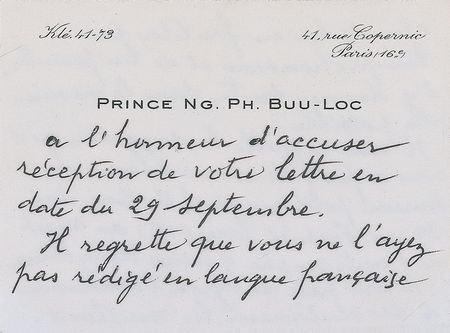 Lot #2096 Prince Nguyen Phuc Buu Loc Autograph Note Signed - Image 1