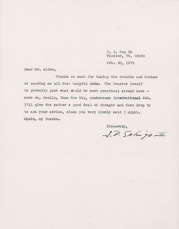 Lot #567 J. D. Salinger: ?The tractor itself is probably just what would be most practical around here? - Image 1