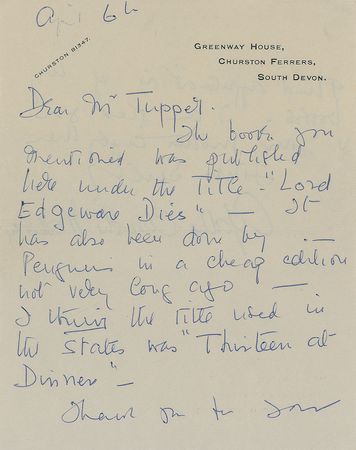 Lot #531 Agatha Christie: ?I think the title used in the states was ?Thirteen at Dinner?? - Image 1