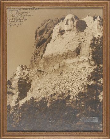 Lot #467 Gutzon Borglum: Spectacular photo of the first completed president on Mount Rushmore, signed just weeks after its dedication - Image 1