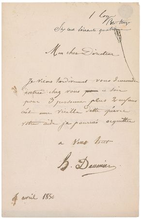 Lot #479 Honore Daumier: Desirable letter sent to the Odeon Theatre, later portrayed in his 1864 book - Image 1