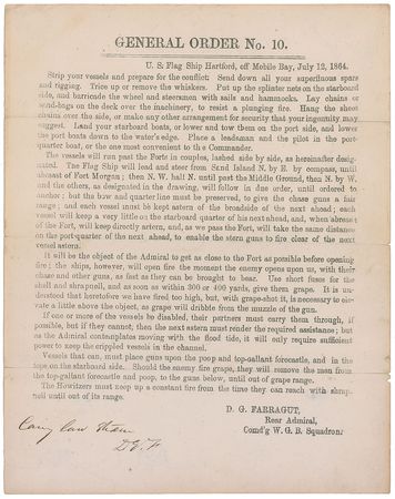 Lot #351 David G. Farragut: “Strip your vessels and prepare for the conflict,” Farragut anticipates his most famous battle: “open fire the moment the enemy opens upon us” - Image 1