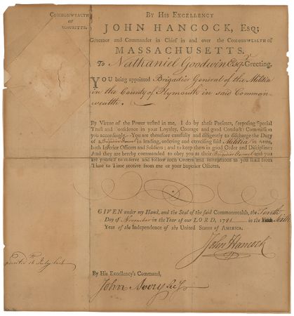 Lot #180 John Hancock: Hancock promotes Nathaniel Goodwin “Brigadier General of the Militia in the County of Plymouth” - Image 1