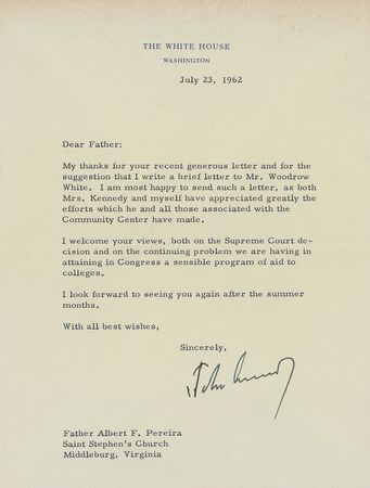 Lot #64 John F. Kennedy: Insightful JFK letter to Middleburg clergyman - Image 1