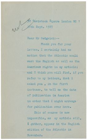 Lot #584 Virginia Woolf: At the pinnacle of her literary career, Woolf critiques her Bloomsbury companion in the Atlantic Monthly - Image 1