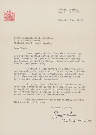 Lot #156 Edward, Duke of Windsor: The Duke visits America “after more than a year spent in war-torn Europe” - Image 2