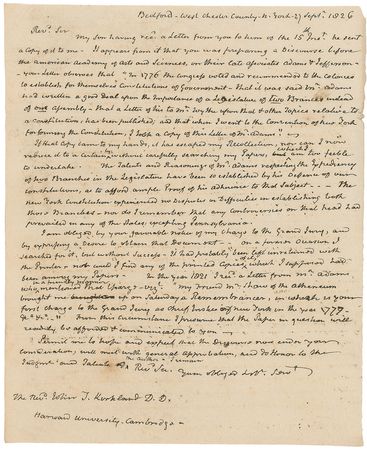 Lot #190 John Jay: “The Talents and Reasonings of Mr. Adams respecting the Expediency of two Branches in the Legislature have been so established by his Defence of our constitutions” - Image 1