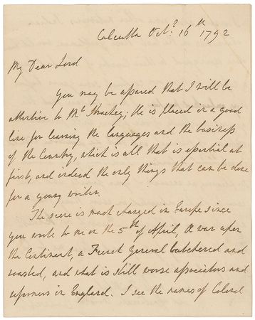 Lot #346 Charles Cornwallis: Finishing his work in India, the Marquess reflects on the mounting troubles in Europe: 