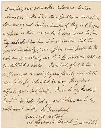 Lot #346 Charles Cornwallis: Finishing his work in India, the Marquess reflects on the mounting troubles in Europe: 