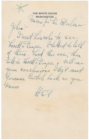 Lot #54 Harry S. Truman: A top secret memo: “I don’t want German Cartels back as you know” - Image 1