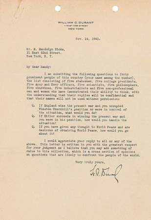 Lot #159 William Crapo Durant: “If Hitler succeeds in winning the present war and you were in his position, how would you handle the situation?” - Image 1