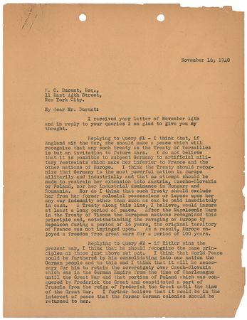 Lot #159 William Crapo Durant: “If Hitler succeeds in winning the present war and you were in his position, how would you handle the situation?” - Image 2