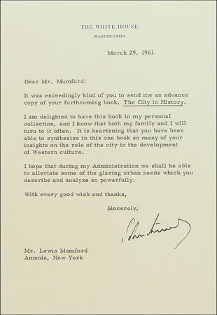 Lot #78 John F. Kennedy: To architecture critic Lewis Mumford: 