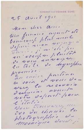 Lot #600 Claude Monet: Monet sends “the nymphea painting I promised you” from Giverny - Image 1