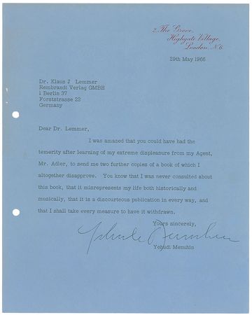 Lot #733 Yehudi Menuhin Typed Letters Signed - Image 1