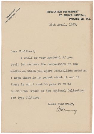 Lot #180 Alexander Fleming: ?I shall be very grateful if you could let me have the composition of the medium on which you spore Penicillium notatum? - Image 1