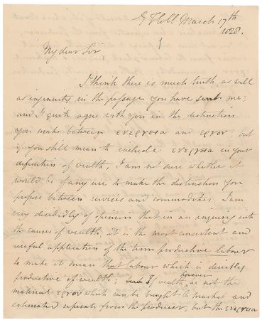 Lot #199 Thomas Robert Malthus: “I think it infinitely preferable to confine the term wealth as Adam Smith does to the material manageable e???? or commodity, and to place personal services in a different category” - Image 1