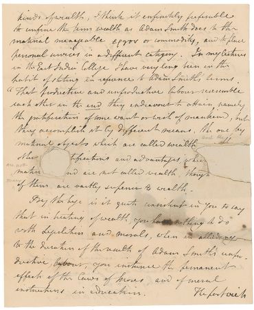 Lot #199 Thomas Robert Malthus: “I think it infinitely preferable to confine the term wealth as Adam Smith does to the material manageable e???? or commodity, and to place personal services in a different category” - Image 3