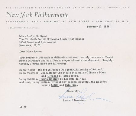 Lot #804 Leonard Bernstein Typed Letter Signed - Image 1