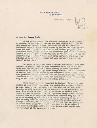 Lot #50 Franklin D. Roosevelt: FDR prepares for WWII with instructions to prioritize contracts for “items listed as critical in the defense program” - Image 1