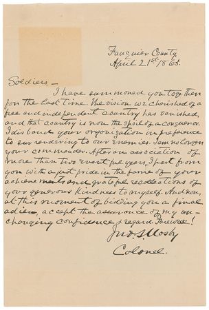Lot #346 John S. Mosby: The Gray Ghost says farewell to his men: ?I disband your organization in preference to surrendering to our enemies? - Image 1