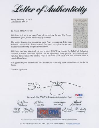 Lot #3220 Big Bopper Handwritten Lyrics - Image 3