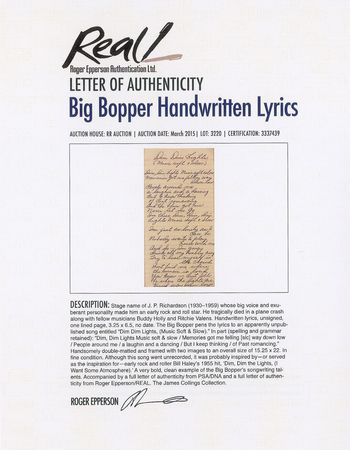 Lot #3220 Big Bopper Handwritten Lyrics - Image 4
