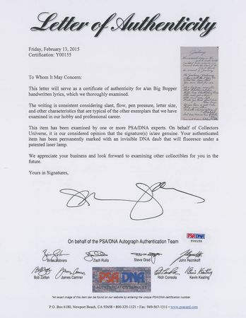 Lot #3222 Big Bopper Lyrics and Signed Document - Image 4