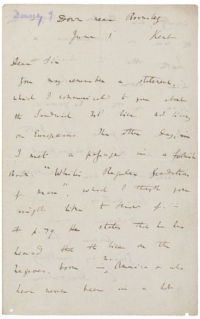 Lot #156 Charles Darwin: The staunch anti-slavery evolutionist returns to a constant source of uncertainty, the different lice plaguing Europeans and “the Negroes born in N. America” - Image 1