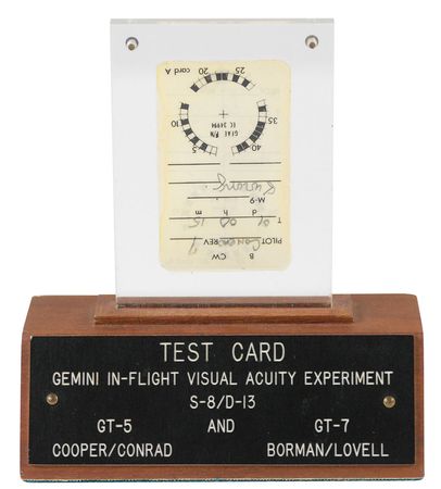 Lot #458 Gemini 5: Flown visual acuity test card with recorded crew info - Image 1