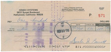 Lot #852 Tom Waits Check - Image 2