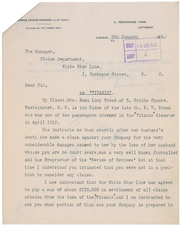Lot #261 William T. Stead: ?The White Star Line has agreed to pay a sum of about £130,000 in settlement of all claims arising from the loss of the ?Titanic?? - Image 2